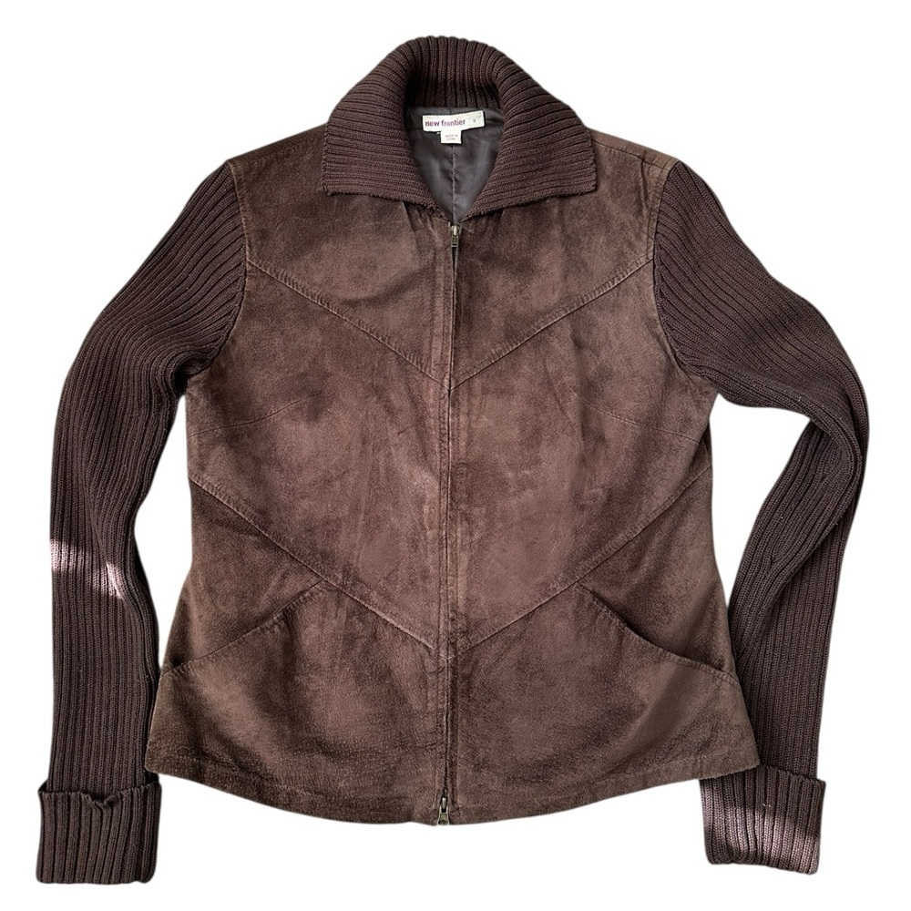 A347 Vintage New Frontier Suede zipper sweater Jacket sz S Brown